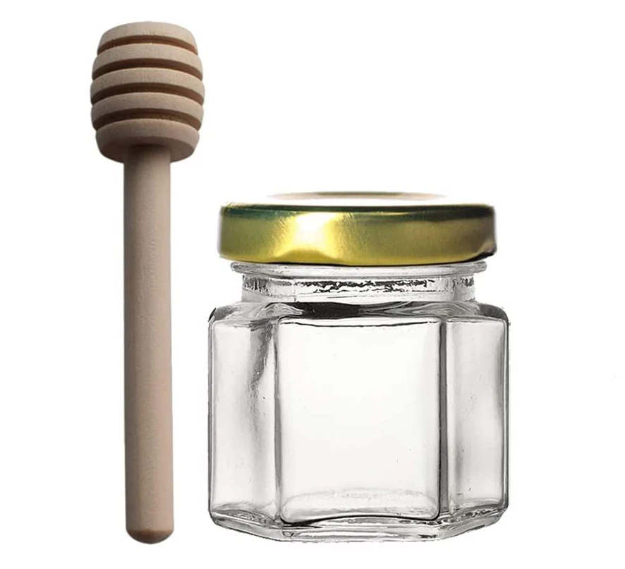 

1.5 oz Hexagon Mini Glass Honey Jars with Metal Gold Lids and Wood Dipper