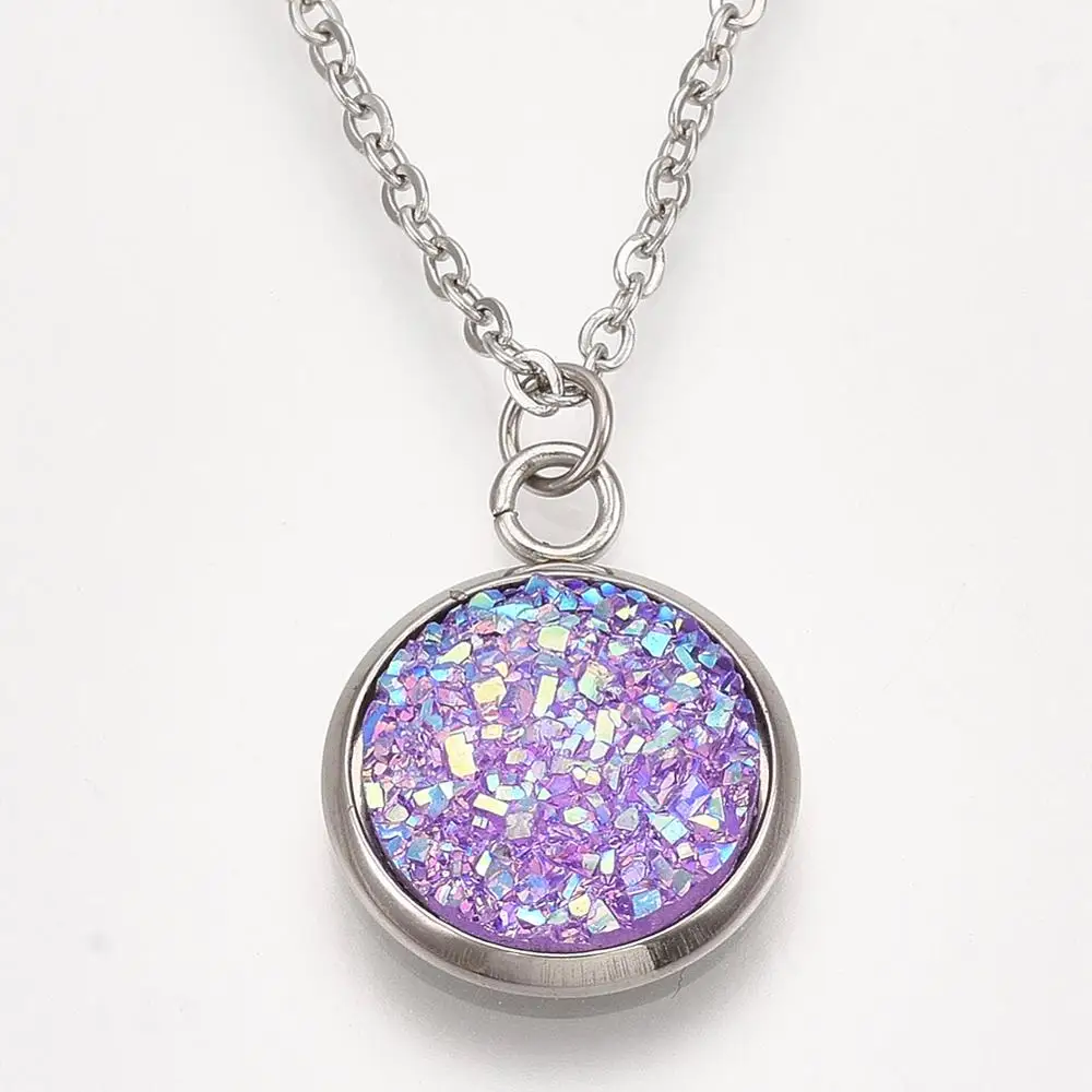 

Pandahall 201 Stainless Steel Druzy Resin Pendant Necklace, Mediumpurple