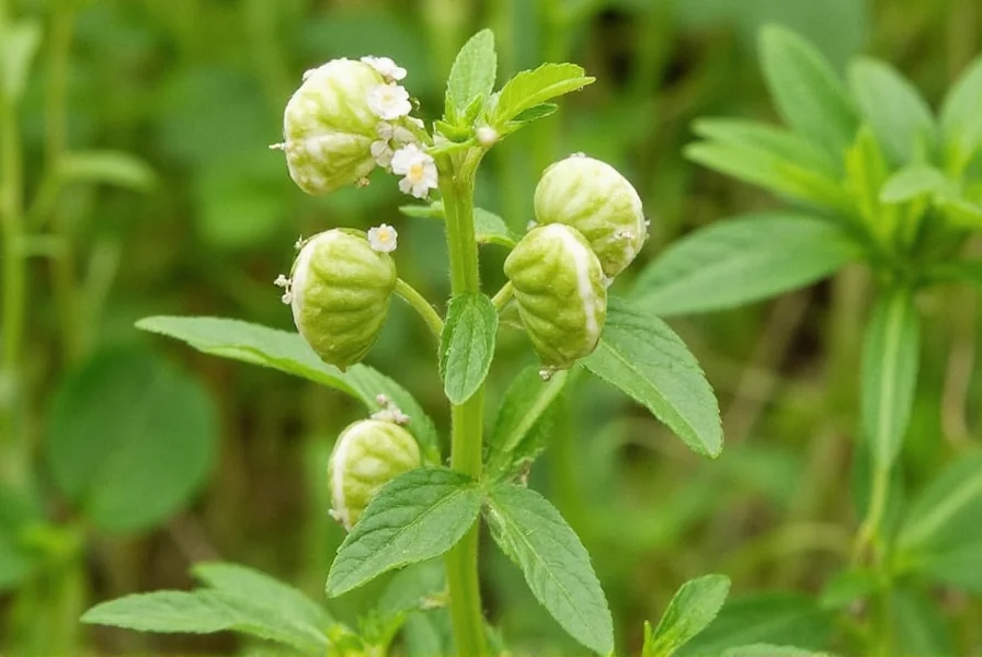 Close-up view of Virginia pepperweed showing heart-shaped seed pods, small white flowers, and lobed leaves in a natural field setting