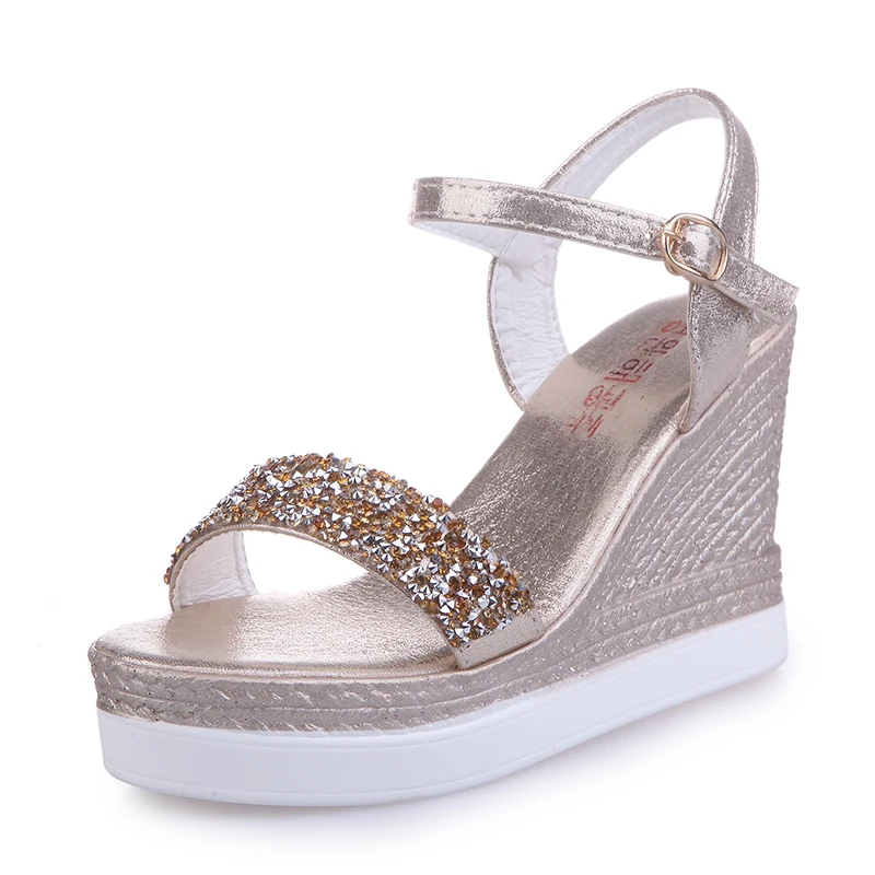 

Wholesale fashion sequins wedges platform sandals rhinestones buckles summer sandals for women, Golden, sliver