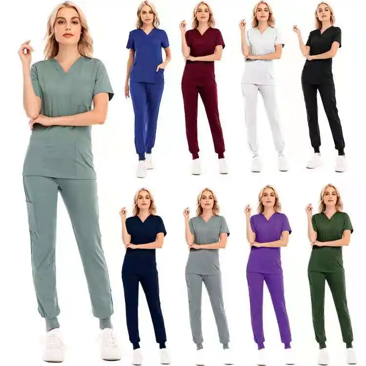 

85% polyester 15% spandex Anti wrinkle reusable washable soft Stretch fabric hospital nurse uniform medical scrubs set