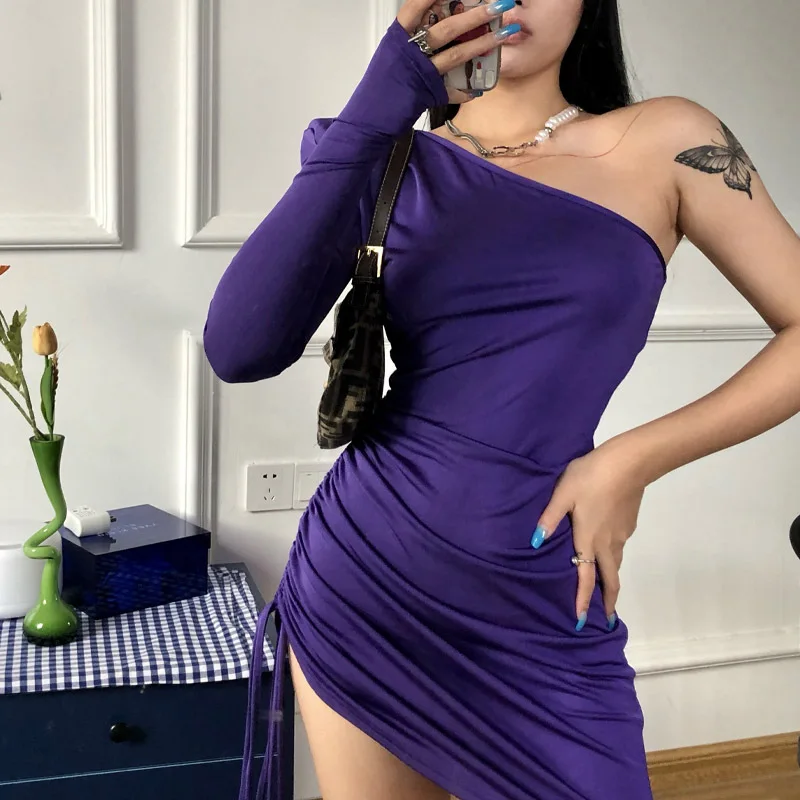 

Summer Clothes Women Sexy Solid Color One Shoulder Bodycon Dress Side Drawstring Ruched Dress Purple Dress Autumn Mini Vestido