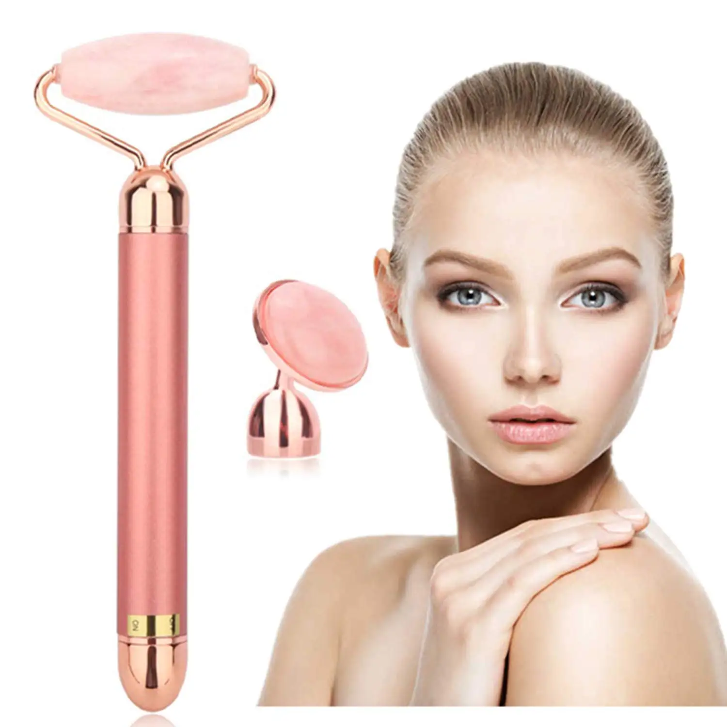 

2 in 1 24K Beauty Bar Face Lift Anti-Aging Skin Tightening Face Firming Vibrating Electric Jade Roller Facial Massager, Gold, rose
