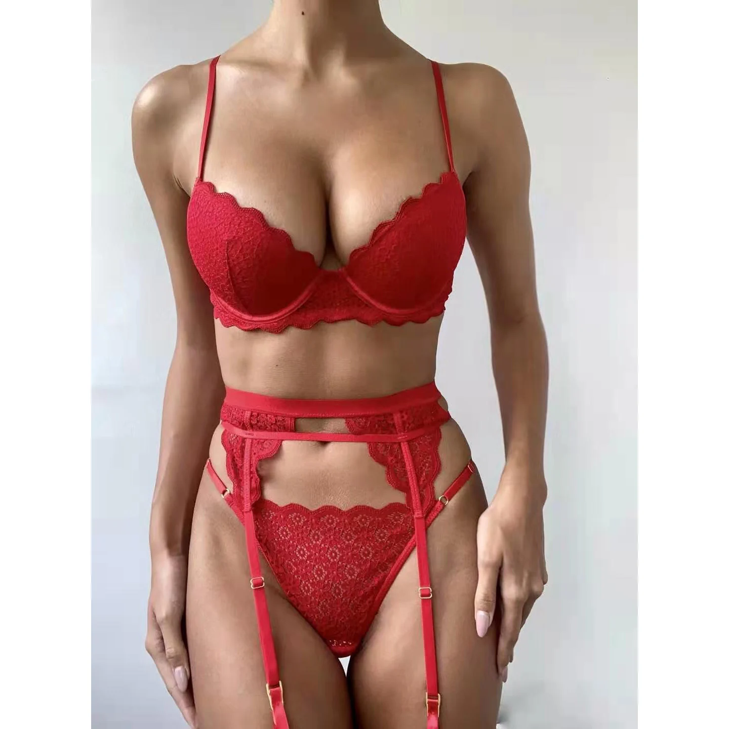 

Factory stock Private label high quality luxury women sexy red lace two piece lingerie bra & brief sets