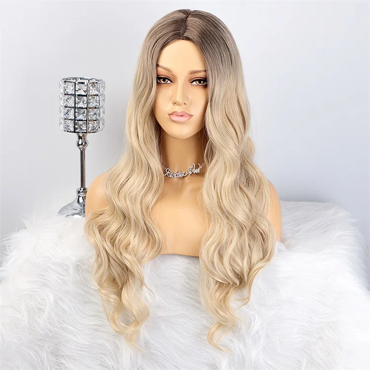 

Vigorous Long Mixed Blonde Body Wave Synthetic Wigs for Women with Middle Part Ombre Dark Root Heat Resistant Fiber Wig