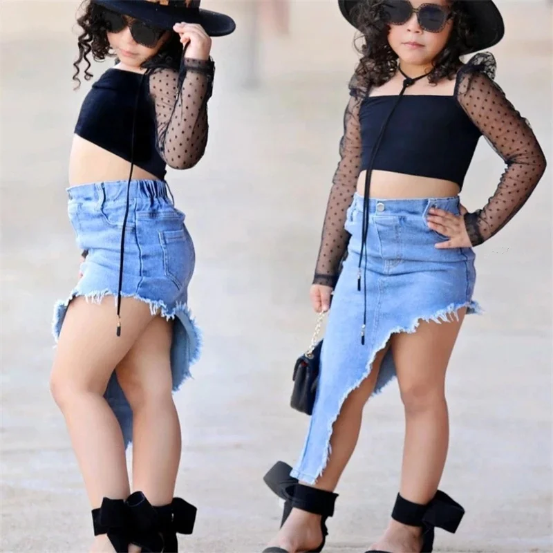 

2021 Fashion Toddler Baby Kids Girl Clothes Set Black Polka Dot Lace Sleeve Crop Top+Irregular Long Denim Skirt Outfits Set, As picture