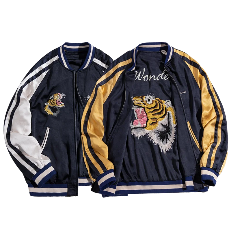 

Maden Yokosuka Reversible Jackets Coat Japanese Retro Tiger Embroidered Non-iron Drape Bomber Jacket for Men