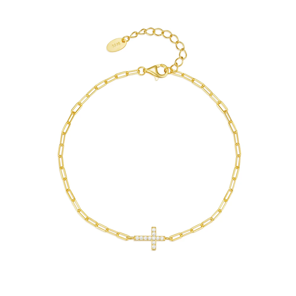 Wholesale Factory Fashion Jewelry 925 Sterling Silver Cross Charm Zircon Paper Clip Chain Gold Plated Bracelets for Women