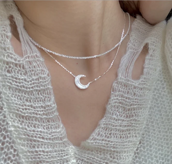 

Dainty S925 Sterling Silver White Shell Moon Choker Necklace Chic 925 Silver Cubic Zircon Crescent Moon Pendant Necklace