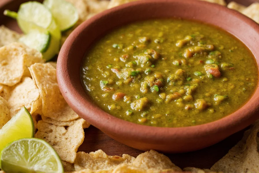 Green chili salsa served in traditional clay bowl alongside tortilla chips and lime wedges