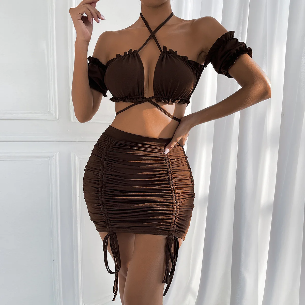

Wholesale women's Cowl Neck suspenders two-piece summer hollow straps pleated hip dress sexy fashion ins skirt suit wear