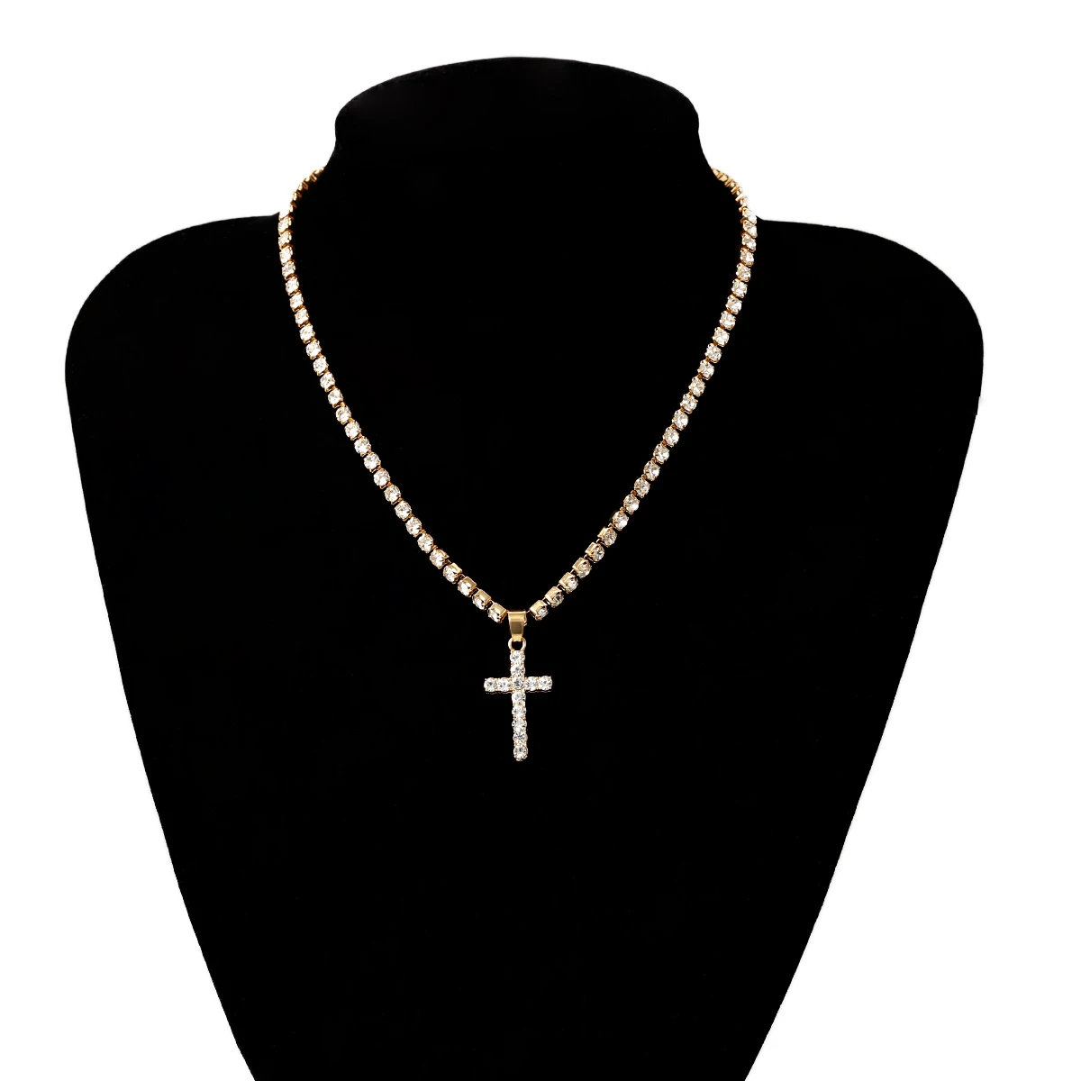 

Unisex women ladies Choker Pendant Rhinestone Beads Jewelry customized link chain layered cross necklace