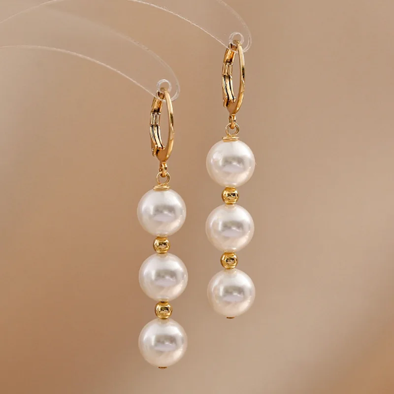

Custom Wholesale Elegant Wedding Party Women Boho Long Teardrop Pearl Pendant Earring, Gold
