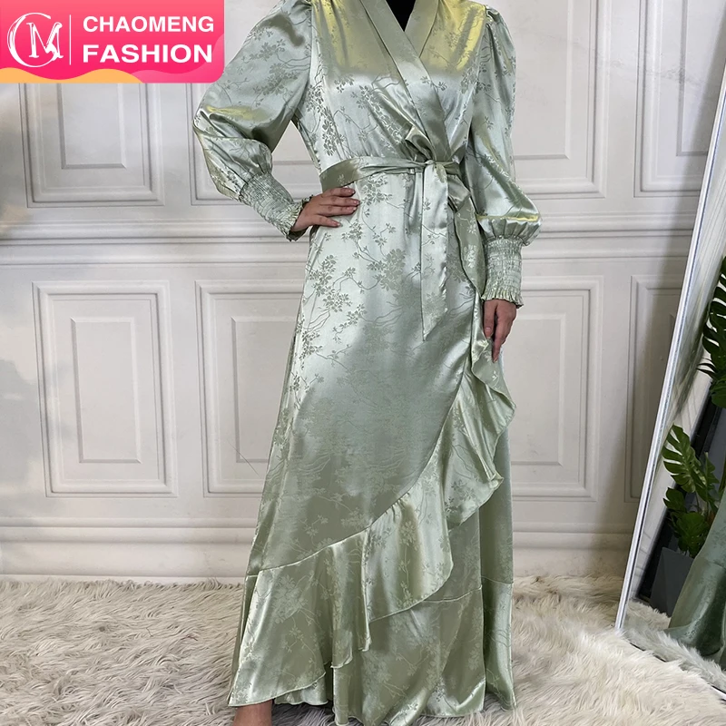 

6572# Floral Dresses For Muslim Women Satin Robe Long Silk Maxi Dress Islamic Modest Fashion, Pink/gold/mint/beige /black