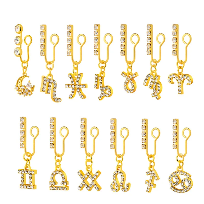 

YICAI New 12 Zodiac Crystal Dangling Fake Nose Ring for Non Pierced With Women Gold Color Zodiac Nose Cuffs