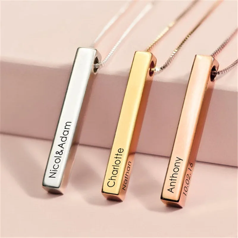 

Waterproof Block Strip Snake Chain Engraved Necklace Stainless Steel Pendant Necklace For Gift With Names