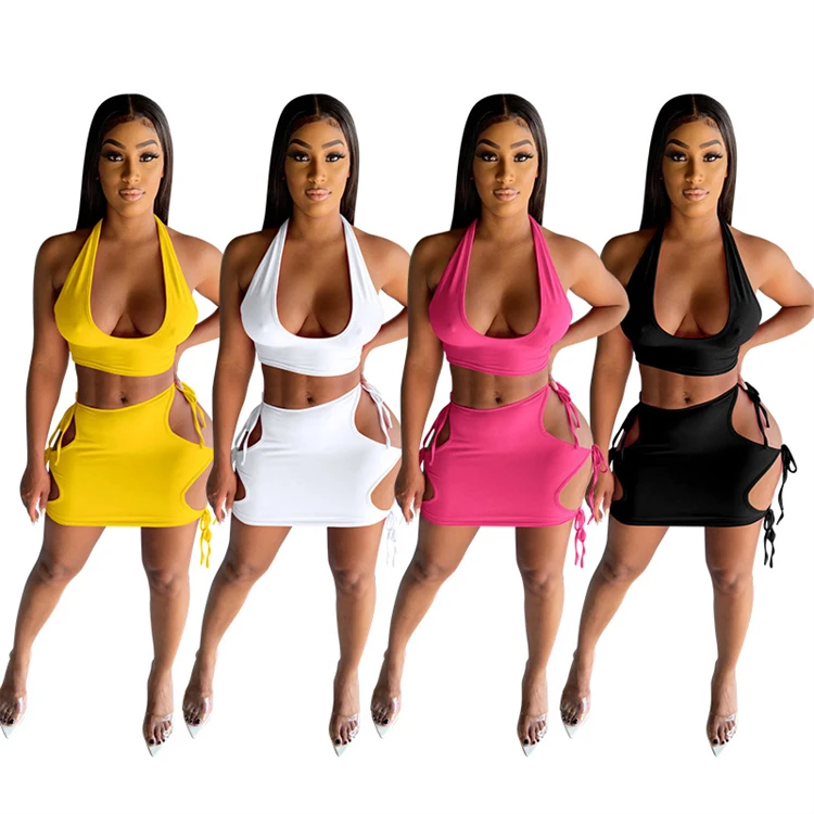 

DUODUOCOLOR Fashion leisure solid color low collar crop top hollow out chalaza sexy summer two piece skirt set D10218
