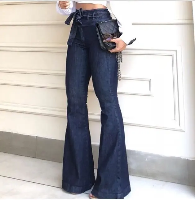 

GX9911 Wholesale 2021 women high waist lace up flared pants wide leg pants denim jeans women, Picture