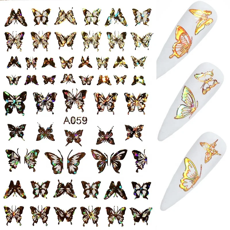 

3D Laser gold and silver butterfly Nail Sticker Holographic Self-Adhesive Foils DIY Nail Art Decoration, Mixed