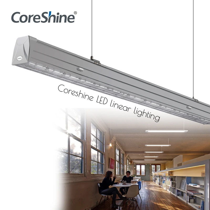 Coreshine CE TUV UL SAA listed seamless connection rail pendant drop LED linear rod light trunking system