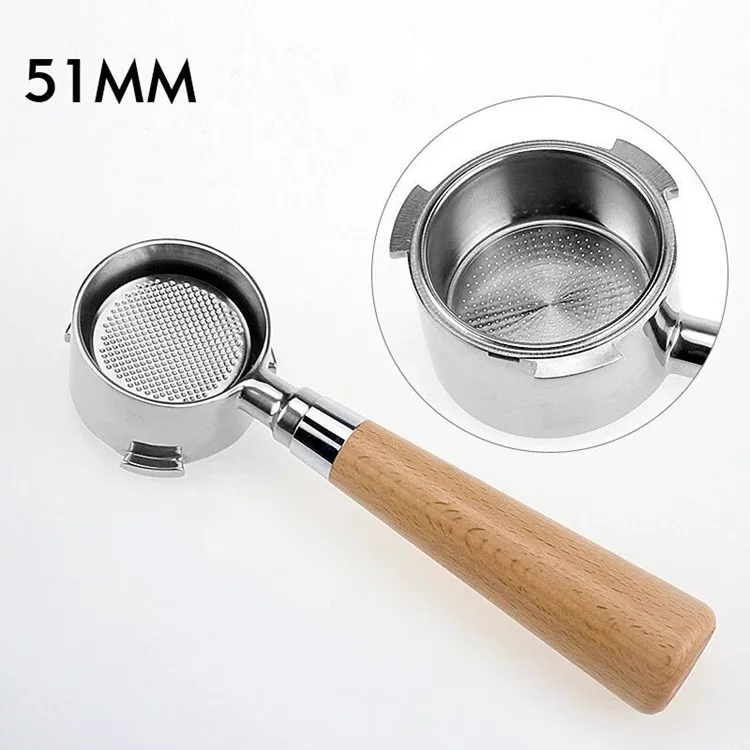 

amazon  49mm Stainless Steel Espresso Naked Bottomless Coffee Espresso Wooden Handle Portafilter basket For Delonghi, Silver+wooden