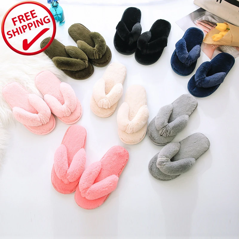 

Summer Fluffy Fur Slippers Shoes Women Flip Flop Flat Fur Slides Slippers