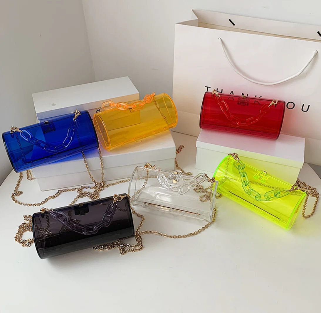 

2021 Summer Roll Unique Personality Neon Candy Color Transparent Chain Shoulder Bag Clear Jelly Purse Handbag