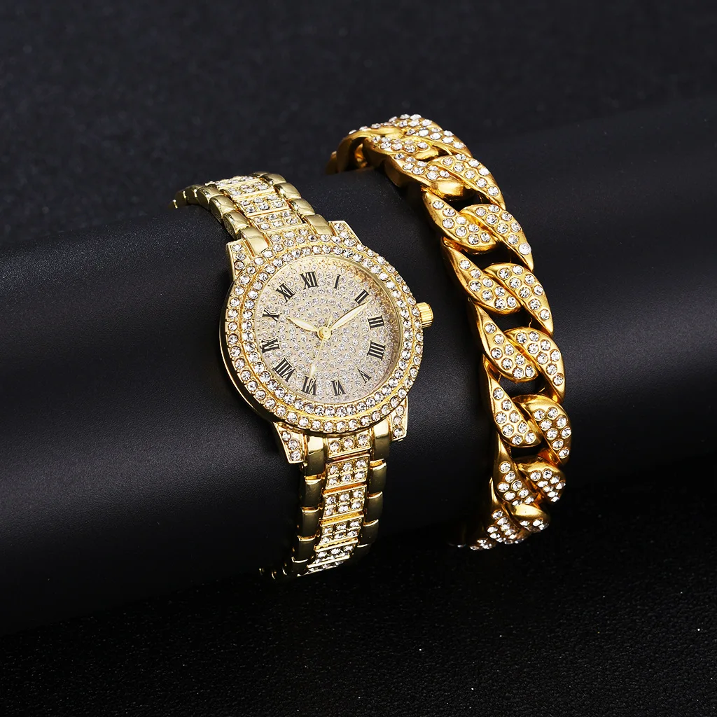 

Hip Hops 18K Gold Plated Full Diamond Watch Set Crystal Rhinestone Cuban Link Chain Diamond Watch Roman Numeral Watch