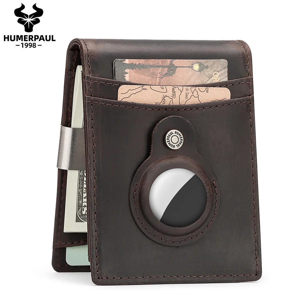 

HUMERPAUL Crazy Horse card holder Genuine Leather Mens Slim Wallet amazon Hot Sell RFID Blocking Money Clip Airtag Wallet