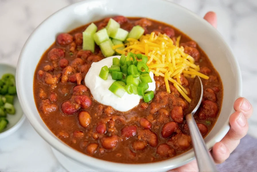 Homemade chili recipe with no beans served in a bowl with toppings including shredded cheese, sour cream, and green onions