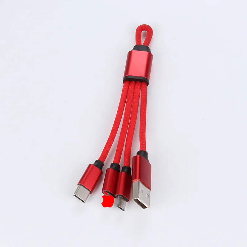 
New type keychain 3 in 1 15CM data cables three charging cables aluminum alloy fabric weaving gift custom LOGO usb cable 