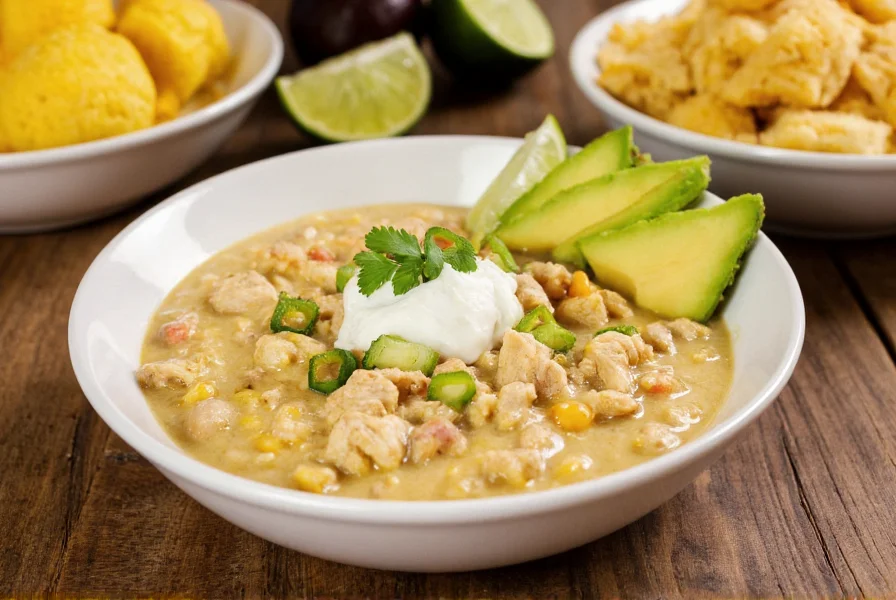 White chicken chili served in a bowl with cornbread, avocado slices, and lime wedges on a rustic wooden table