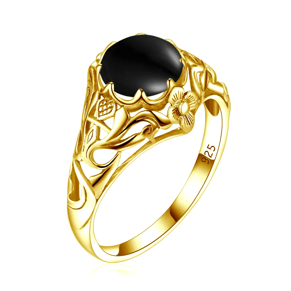

Szjinao Solid 925 Sterling Silver Yellow Gold Flower bague en argent Black Onyx Gemstone Rings Vintage gold ring for women 24k