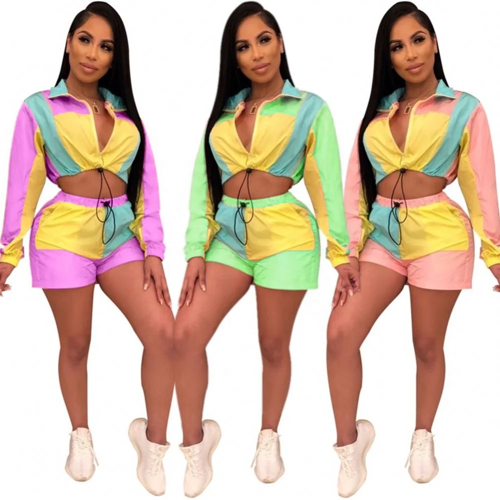 

Patchwork Long Sleeve Crop Top And Short Pants Two Piece Set Women Tracksuit OSM QJ5240