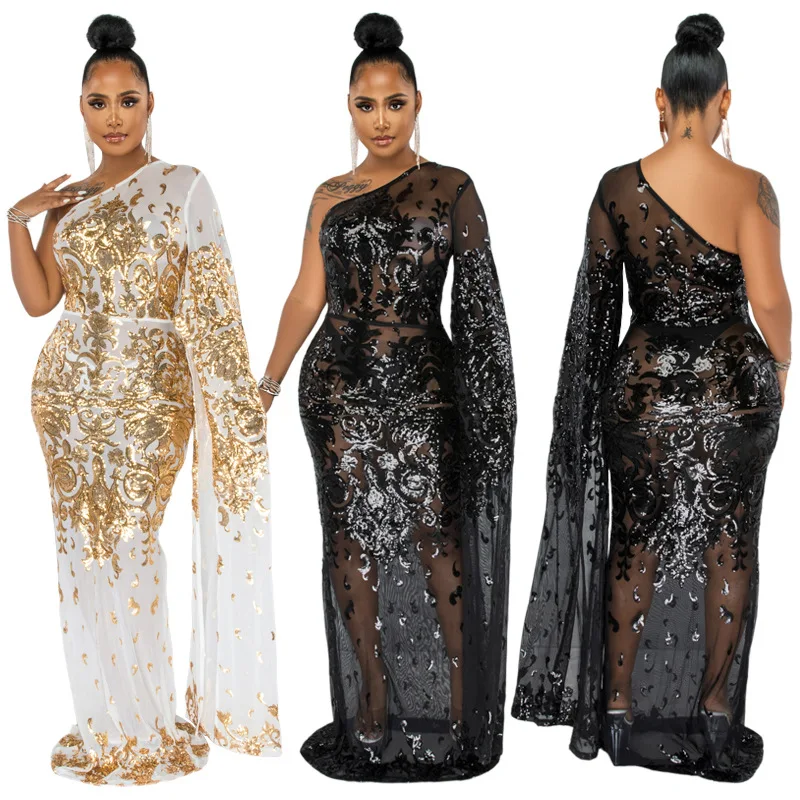 

C0107ME77 New Design Plus Size Elegant One Shoulder Sheer Mesh Sequin Evening Dress Women