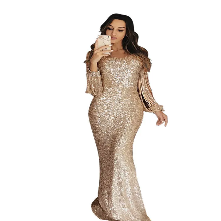 

Elegant Women V Neck Long Sleeve Tassels Maxi Sequined Dress Sexy Ladies Fashion Evening Party Irregular Dress, Pink,blue,golden,black,champagne,white