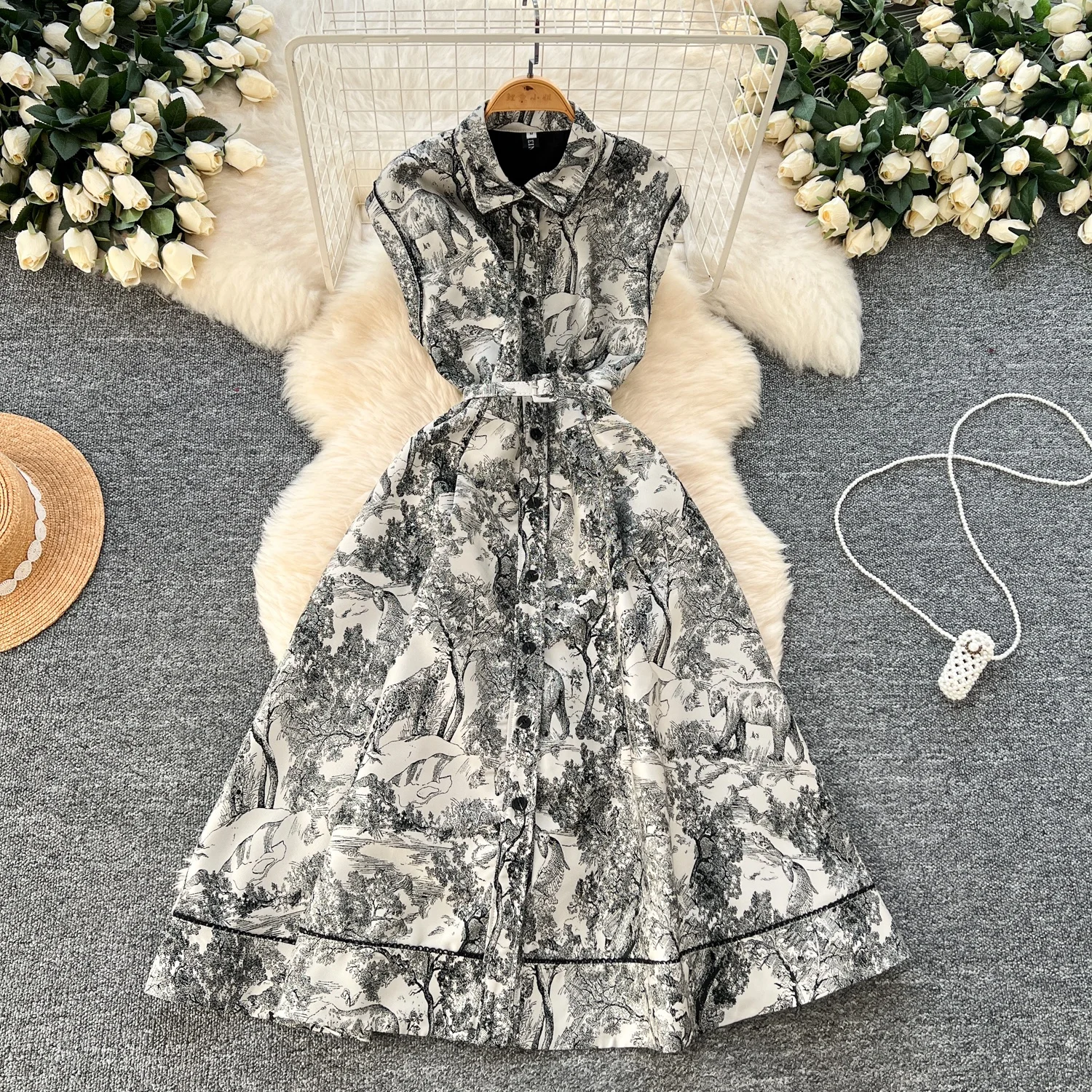 Elegant Lapel Sleeveless Ink Painting Jacquard Long Skirt Dress