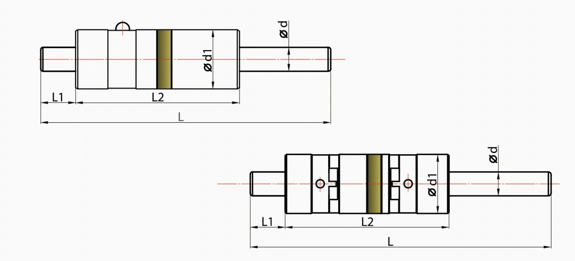 Rotor bearing engineering drawing showing standard body and segmented body configurations with dimensions L, L1, L2, Φd and Φd1
