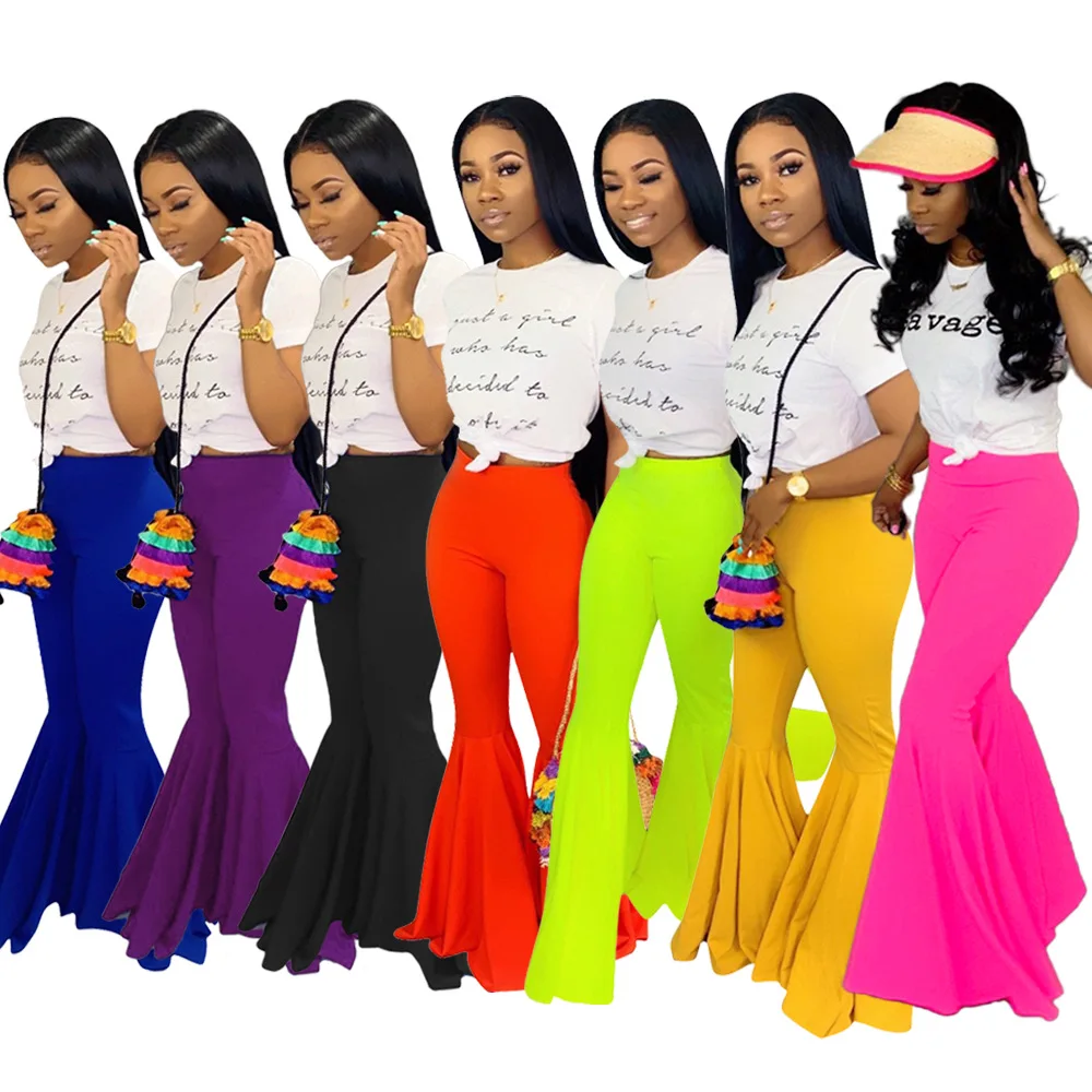 

2021 women solid color yoga pants high waist leggings soft long flared trousers with belt women clothes flared trousers