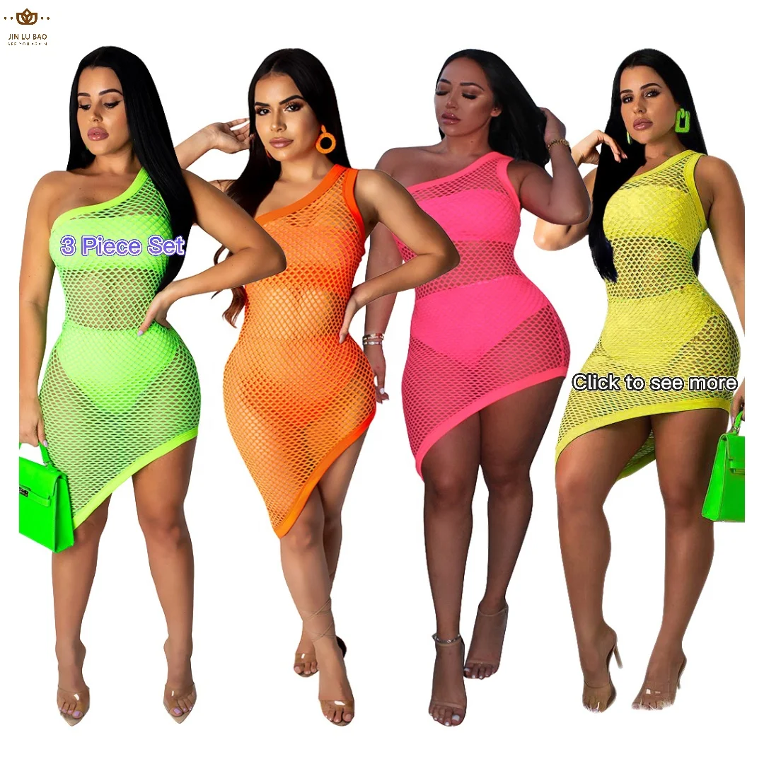 

2022 Popular One Shoulder plus size long dresses 3 Pieces set See Through night club dresses sexy women mesh cover up dress, Picture color