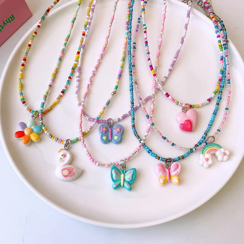 

Finetoo Colorful Resin Beaded Necklace Cute Cartoon Rainbow Butterfly Heart Clavicle Chain Necklace for Women Girl Jewelry