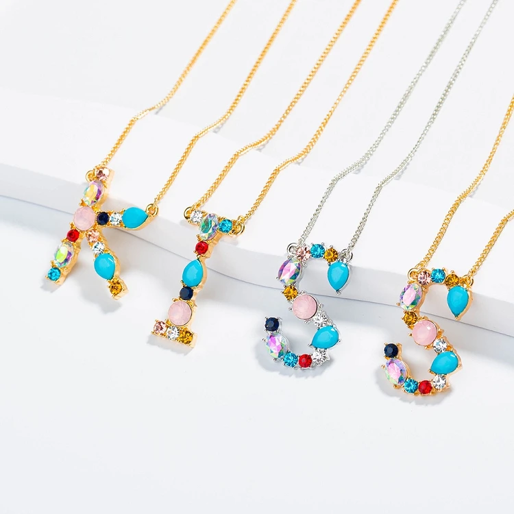 

wholesale stock gold plated crystal stone arabic letter necklace