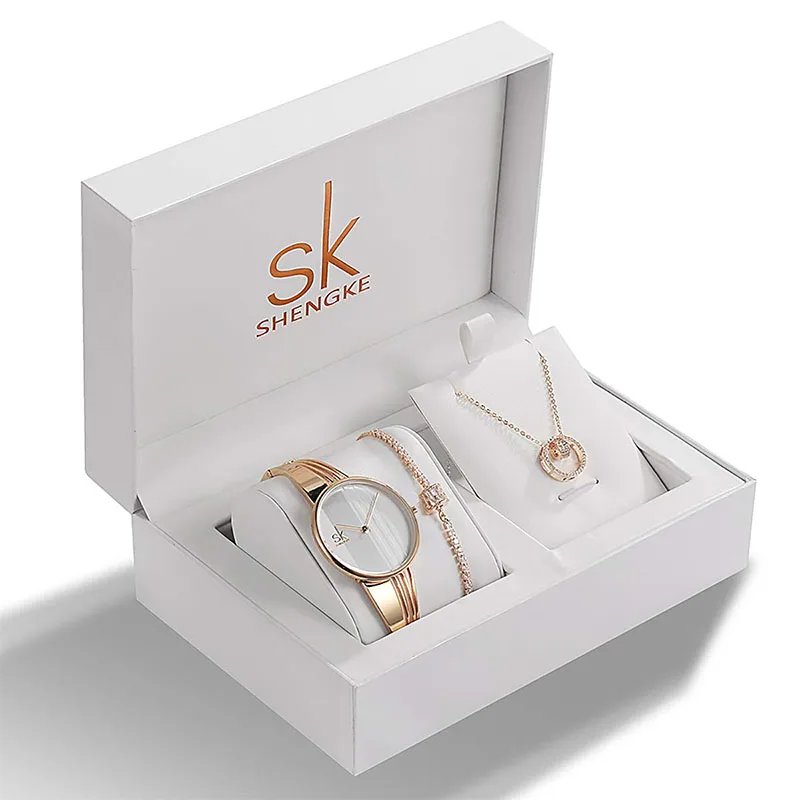 

Shengke Top Brand Crystal Design K0062 Watch Bracelet Necklace Set Female Jewelry Luxury Wrist Watch Quartz Watch Lady's Gift