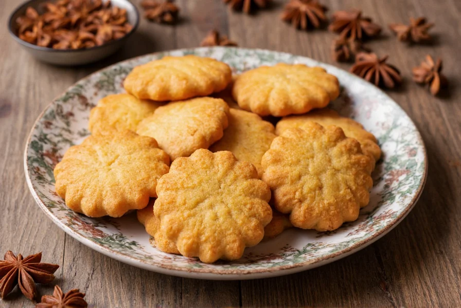 Close-up of golden anise cookies arranged on vintage ceramic plate with star anise pods scattered around