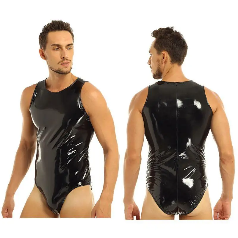 

Fashion Mens One-piece Latex Sleeveless Leotard Zipper Black Tight Thong Bodysuit