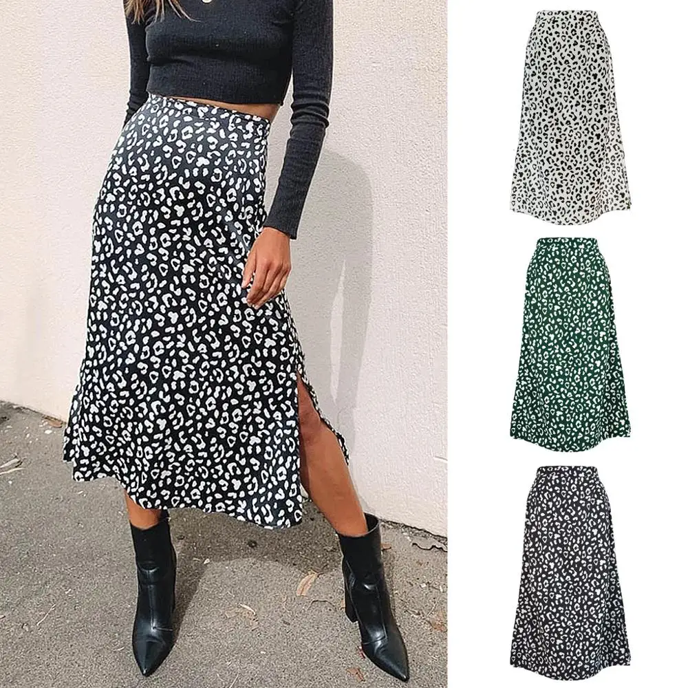 

2020 Summer Women's Leopard Print Chiffon Print Split Skirt Sexy Zipper High Waist Midi A-line Swing Skirt, Customized color