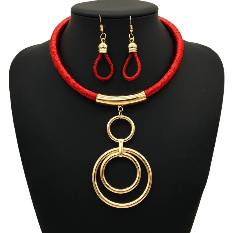 

African Choker Necklace Women Big Collar Statement Braided Metal Ring earring and pendant necklace set Boho Jewelry