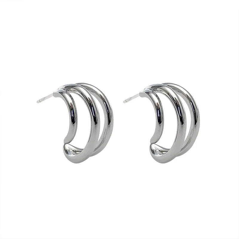 Real 925 Sterling Silver C Shape Multilayer Stud Earrings for Women Girls Fashion Jewelry 2022