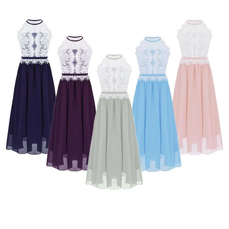 

Wholesale Girls Lace Formal Gown Princess Button Closure Flower Backless Evening Summer Dress