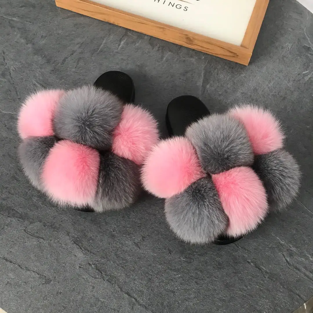 

high quality luxury female flat soles soft 100% real fox fur slippers for sale, Customized color